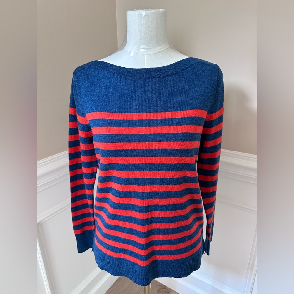 Talbots 100% Merino Wool Navy and Red Striped Sweater Size M